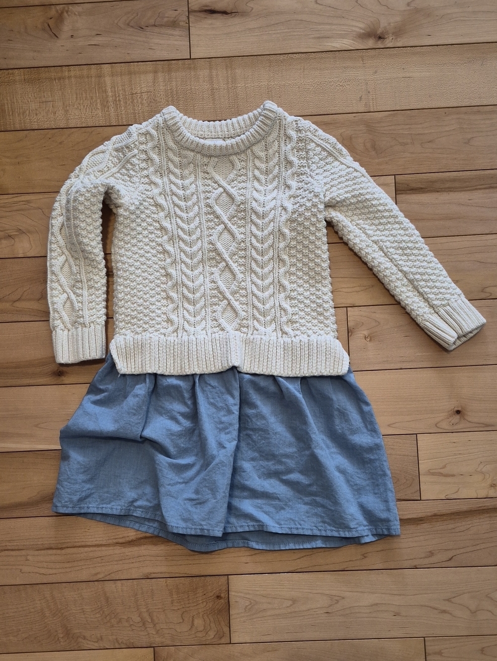 Girls Size 4 Gap Cream Cable Knit Sweater Dress with Blue Skirt - Picture 1 of 3